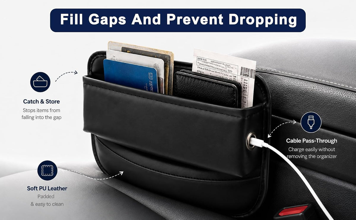Car Seat Gap Filler Organizer, Premium Leather Console Side Storage Box