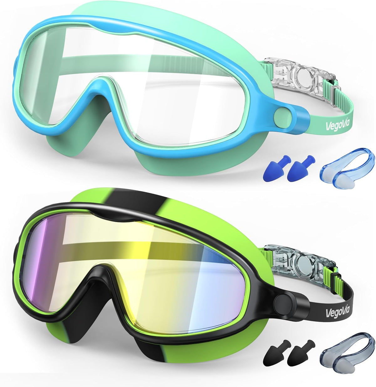 VegoVia Kids Swim Goggles - Anti-Fog UV Protection | Wide View for Ages 3-15 | 2-Pack