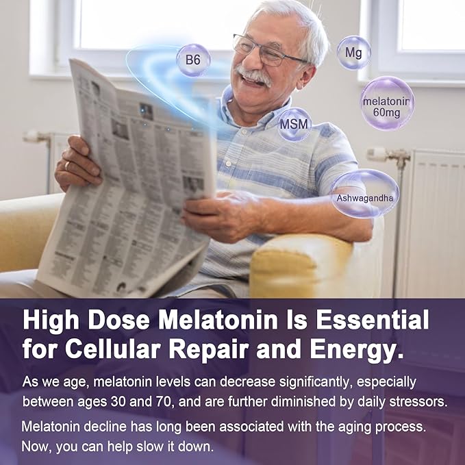 Antioxidant & Brain Support Melatonin 60mg 30mg for 50+ Adults | High Dose Melatonin for Anti-Aging & Immune | Extra Strength Melatonin Gummies with B6, Ashwagandha, Magnesium, MSM - 120 Gummies