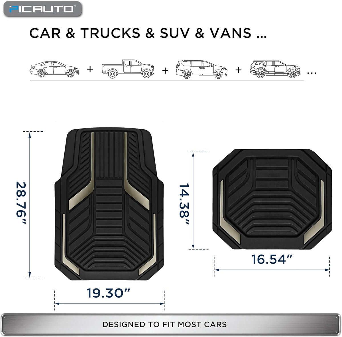 PIC AUTO Heavy Duty Rubber Floor Mats, Gray Aluminum Film Car Mats Set, Front and Rear Car Mats with Anti-Slip Backing, All Weather Protection, Trim-to-Fit for Automotive SUV, Sedan, Van