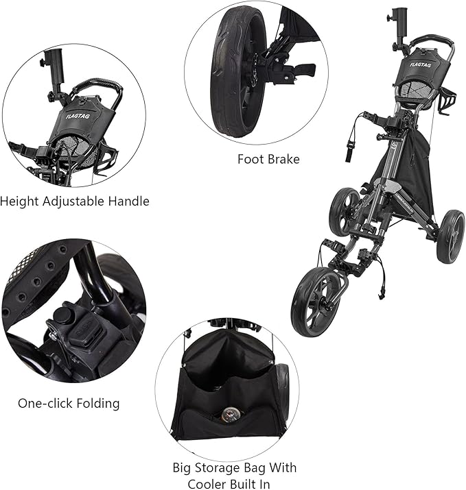 Golf Push Cart 3 Wheel,Foldable Golf Push Cart,Golf Bag Cart with Foot Brake,Umbrella Holder, Cup Holder, Storage Compartment
