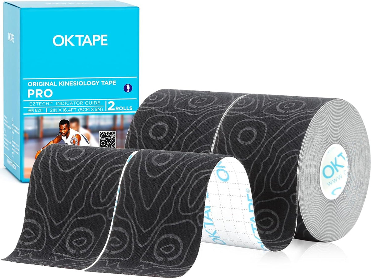 OK TAPE PRO Kinesiology Tape - Elastic Therapeutic Athletic Tape, 2" x 16ft, 2 Rolls Black