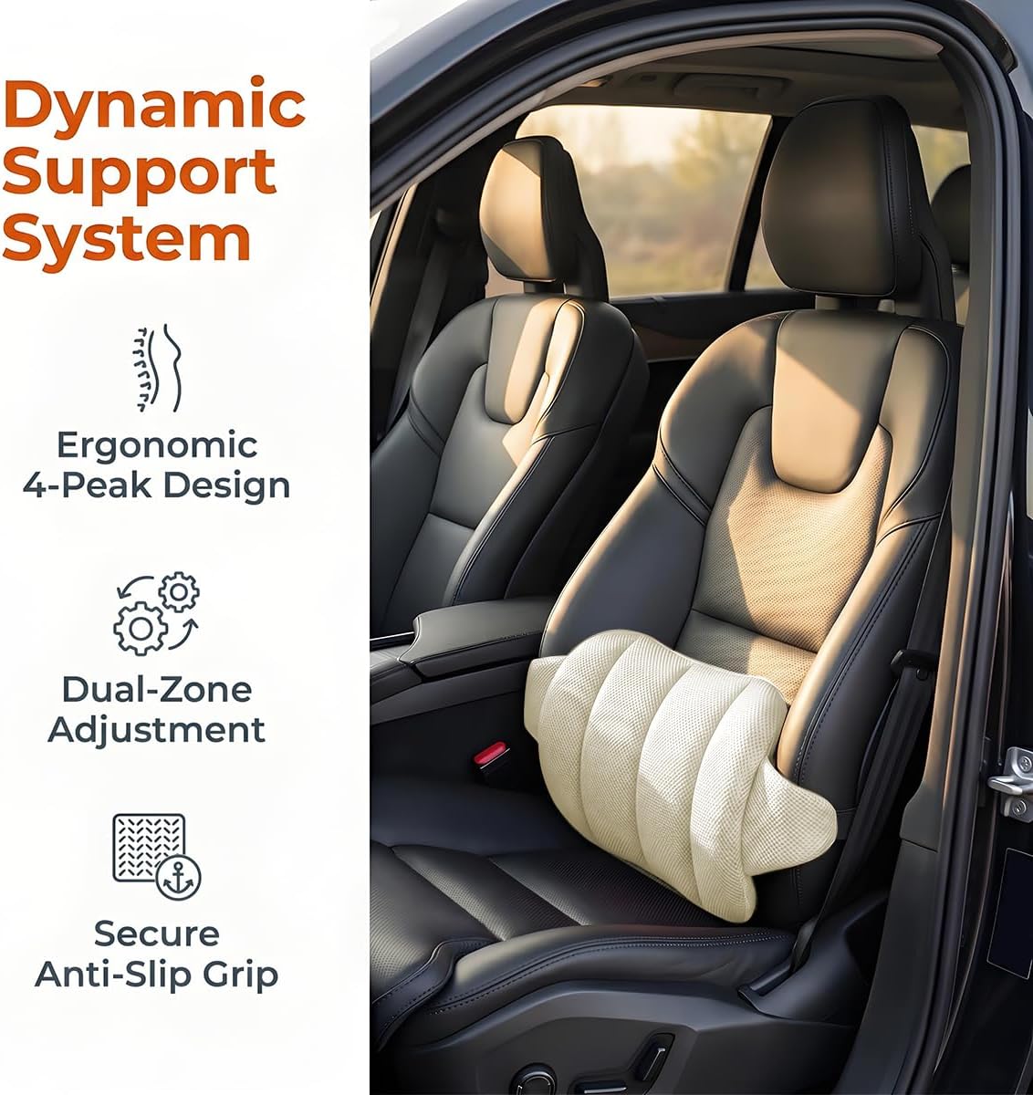Car Lumbar Support Pillow, Memory Foam Vehicle Seat Lower Back Support Cushion with Adjustable Strap, Auto Seat Lumbar Pillow Accessories for Driving Pain Relief, Universal Fit (Beige)