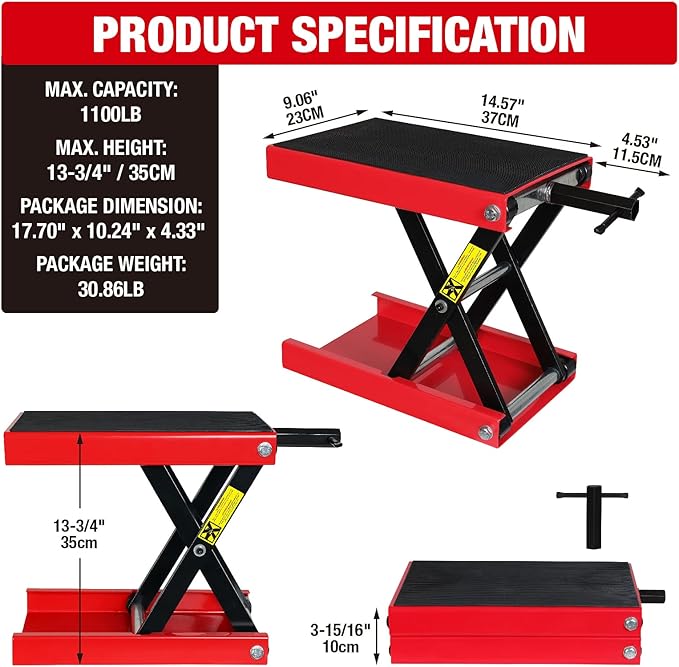 Torin ATRM01101B Portable Steel Motorcycle Lift Scissor Jack: Wide Deck Hoist Stand for ATV, UTV Snowmobile Maintenance, Capacity 1100lb