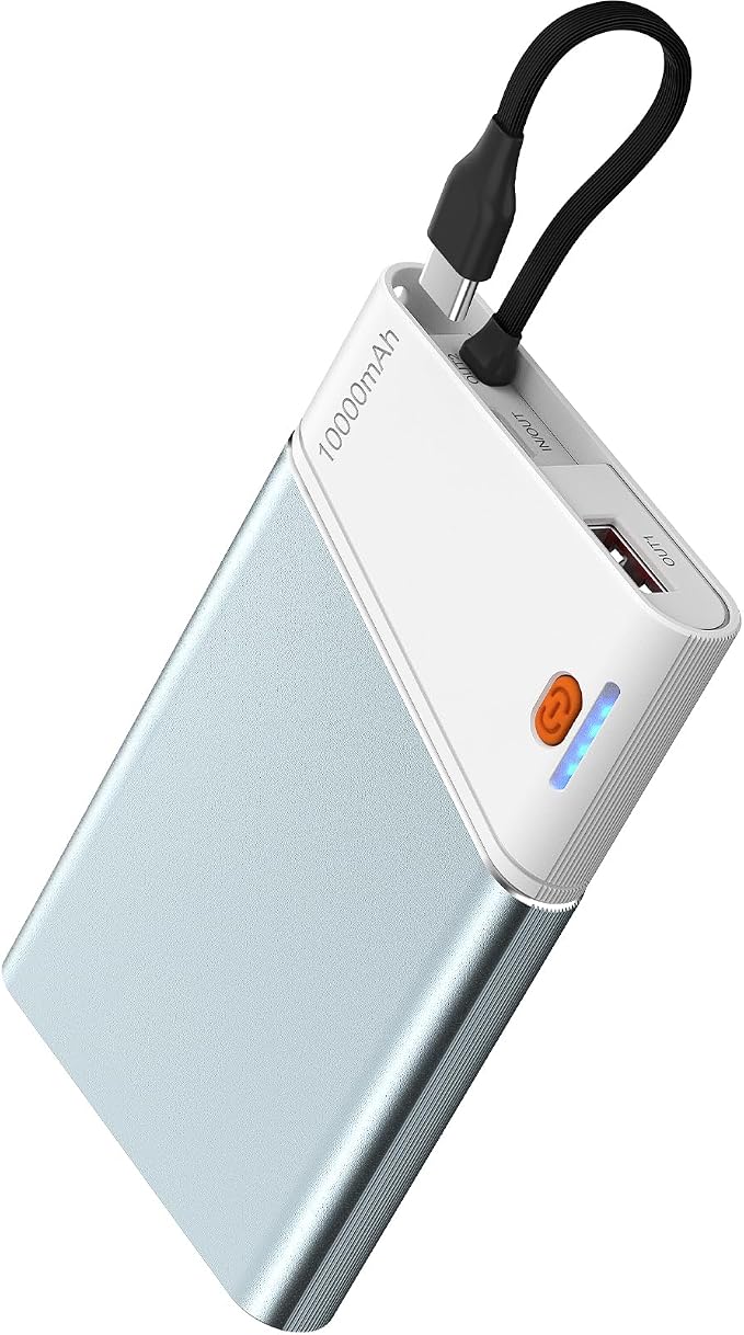 Aaoyun Portable Charger Power Bank, 10000mAh 22.5W PD Fast Charging Powerbank with Built-in USB C Cable, Slim External Phone Battery Pack for iPhone 17/16/15 Samsung S24 Android etc (Blue)