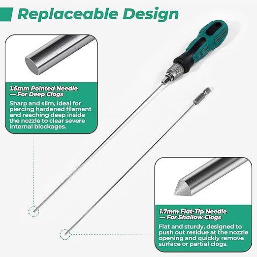3D Printer Nozzle Cleaning Kit, 1.5mm & 1.7mm Extra-Long Stainless Steel Throat