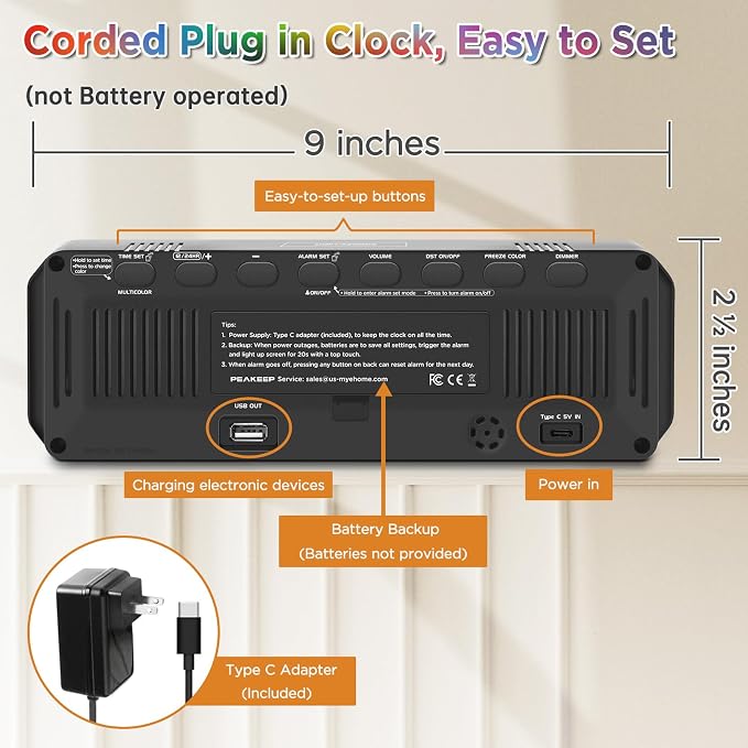 Peakeep Digital Alarm Clock for Bedrooms, Date Day of Week Large Display