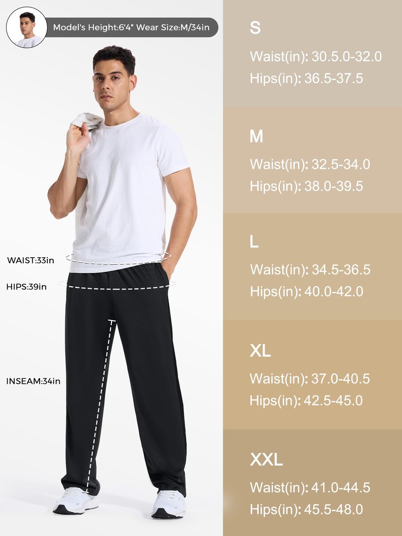 Tallemon Men's 34" Long Inseam Track Pants Warm-up Sweatpants Open Hem Tracksuit Bottoms for Lounge Travel, Black/Black, M