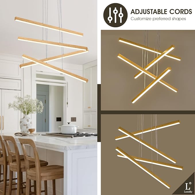 Linear Pendant Light for Dining Room Oak Wood Grain Finish LED 4 Light