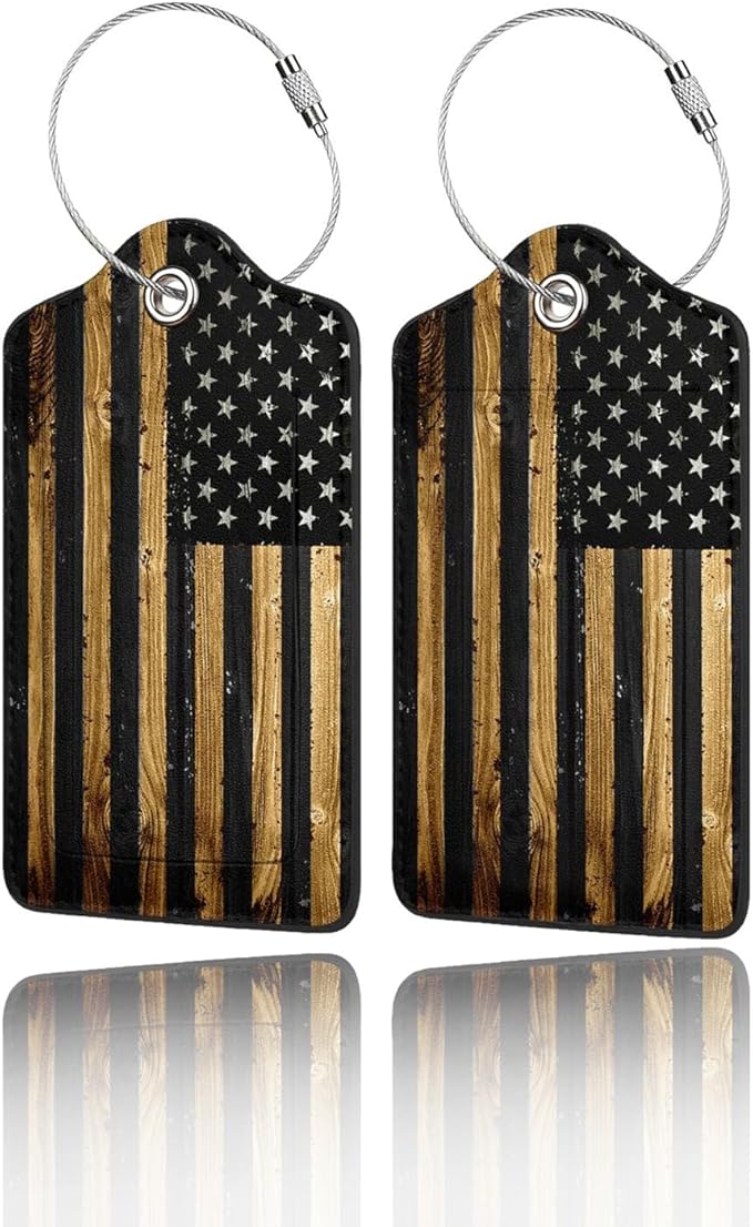 2 Pack Luggage Tags for Suitcase, Privacy Cover ID Label with Stainless Steel and Address Card for Travel Bag Backpack Cruise Ship Essentials Tag Women Men - Wood American Flag