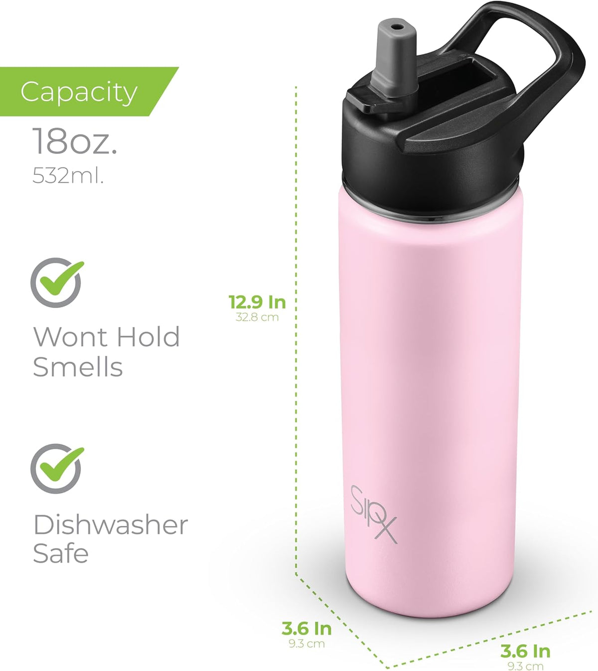 SipX™ Insulated Water Bottle - 18 oz Leakproof Stainless Steel | Triple Insulated for 24-Hour Cold & 12-Hour Hot - Durable Light Pink Bottle for School, Gym, Travel