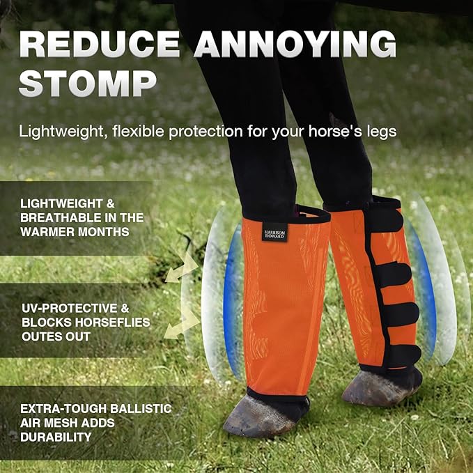 Harrison Howard Loose Fitting Fly Boots UV-Protective Extra Tough Mesh Ventilated Four Fasteners Stay-on Design Protect Horse Legs & Stomp-Reducing Set of 4 Orange Large