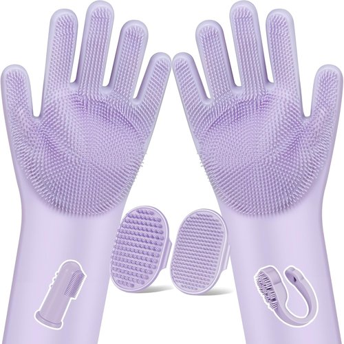 Augwind 6PCS Pet Grooming Kit - Dog Washing Gloves, Bath Brush & Shampoo Supplies | Purple