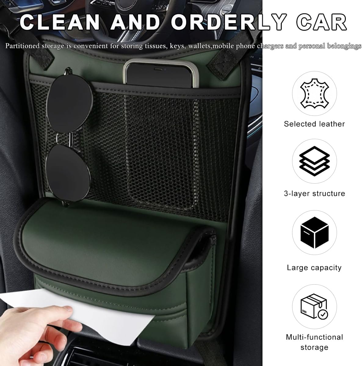 Car Organizer Storage Between Seats, Leather Car Console Hanging Storage Organizer with Mesh Pocket Tissue Box, Multi-Functional Large Capacity Headrest Holder Bag for Purse Snack (Green)