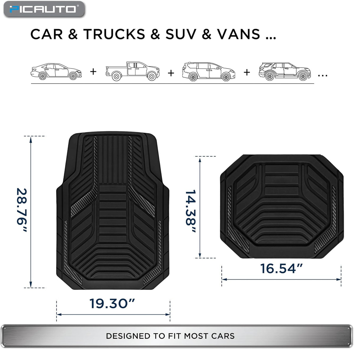 PIC AUTO Heavy Duty Rubber Floor Mats, Black Aluminum Film Car Mats Set, Front and Rear Car Mats with Anti-Slip Backing, All Weather Protection, Trim-to-Fit for Automotive SUV, Sedan, Van