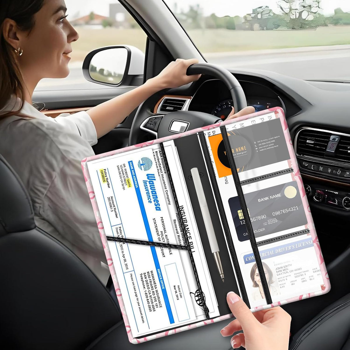 Car Registration and Insurance Holder with Magnetic Shut, Cute Vehicle Glove Box Car Organizer, Premium Interior Car Accessories for Women Men Cute Plaid Bowties