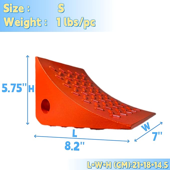 Heavy Duty Orange Polyurethane PU Wheel Chocks with Reflective Strips - 2-Piece (8.2x7x5.75 Inch), All-Weather, Non-Slip & Portable Parking Security for Truck, RV, Trailer (2, S)