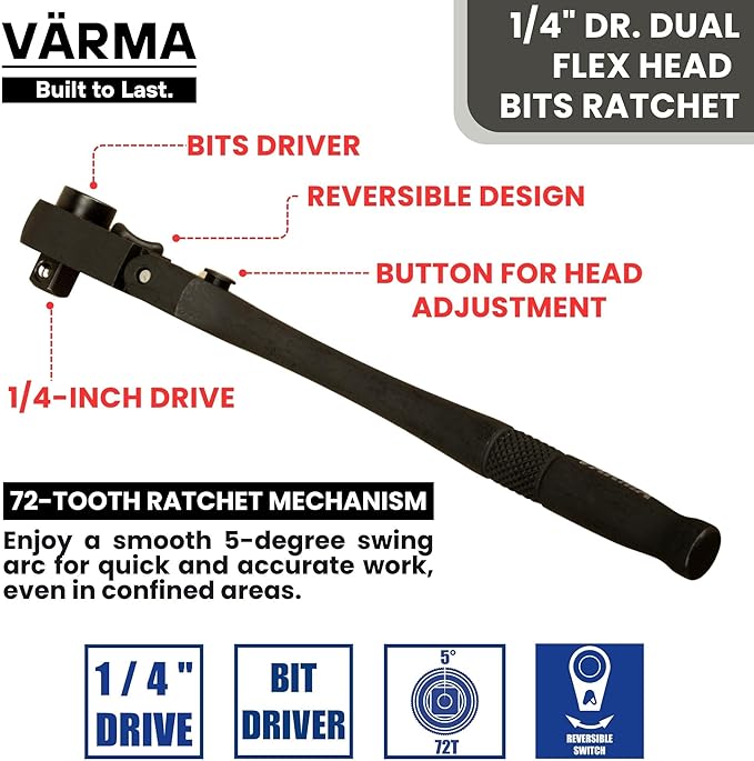 1/4" Drive Dual Flex Head Ratchet & Bit Driver – 6-inch long, 72-Tooth, 5° Swing Arc, High Torque, Chrome Vanadium Steel