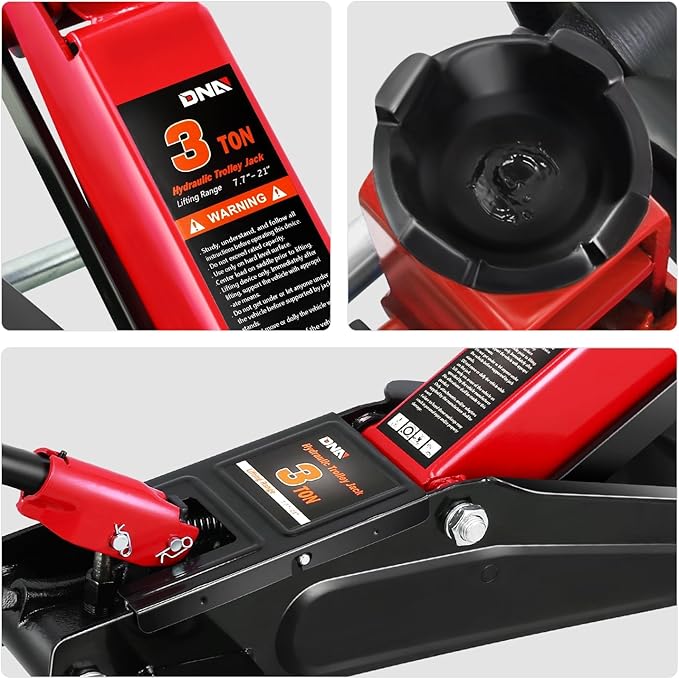 DNA Motoring 3 Ton Low Profile Floor Jack, 3 tons (6000 lbs) Capacity Fast Lift Hydraulic Trolley Service/Floor Jack, 7.7-21" Lifting Range, Red, TOOLS-00674-RD