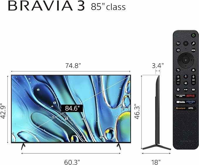 Sony 85 Inch BRAVIA 3 LED 4K HDR Smart GoogleTV (K-85S30) | Dolby Vision/Atmos, Exclusive Features for PlayStation®5, 4K Processor X1, Triluminos Pro, 4K movie credits included