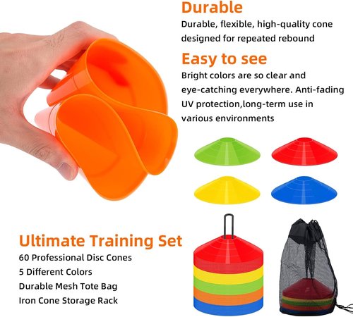 Agile Soccer Cones - 60/120 Pack with Portable Bags & Brackets | Ideal for Sports Training