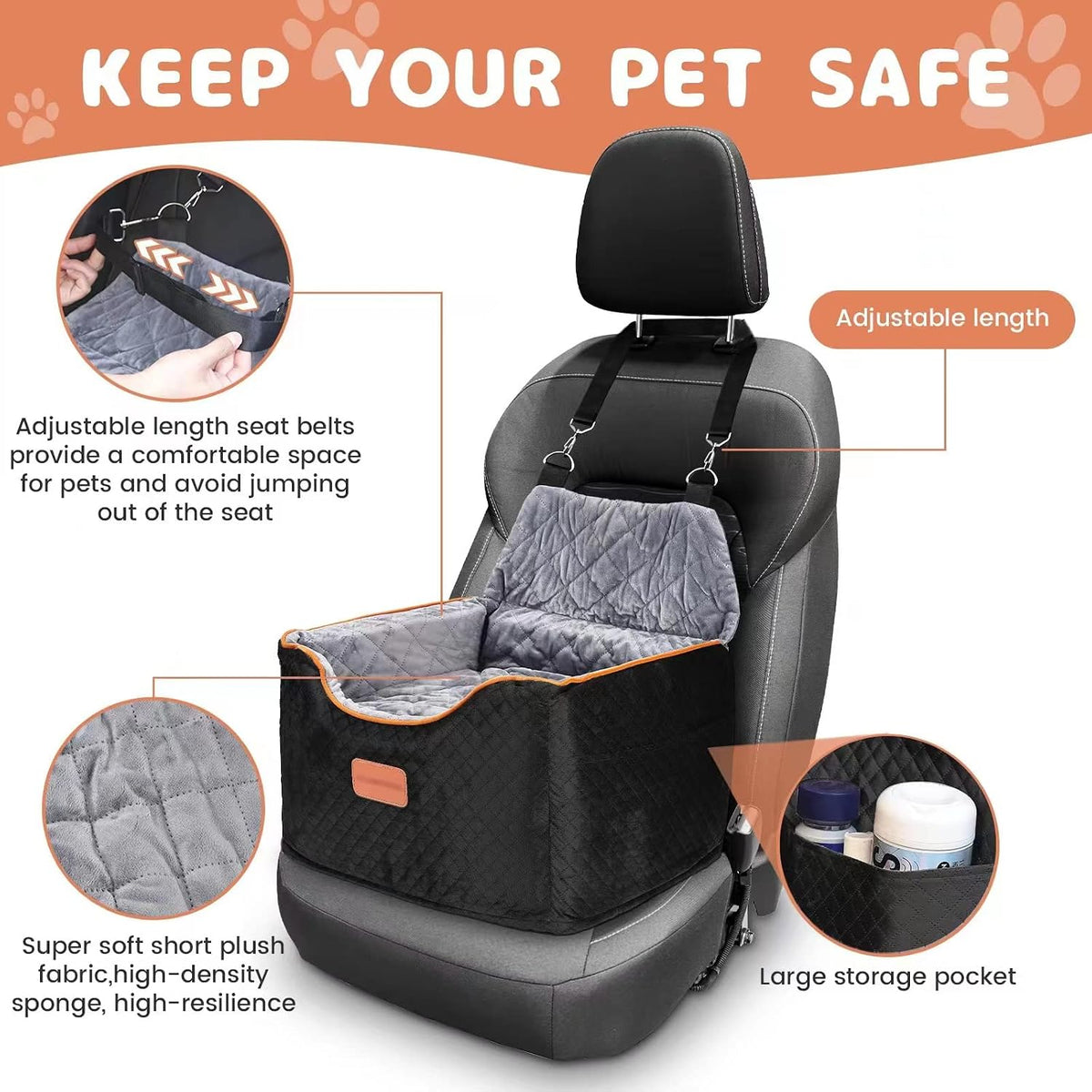AlfaTok Memory Foam Booster Dog Car Seat with Washable Removable Cover, Elevated Pet Car Seat, Anti-Slip Sturdy Booster Seats for Small Dogs 35lbs, Seat Belt, Storage Pocket, Dog Blankets