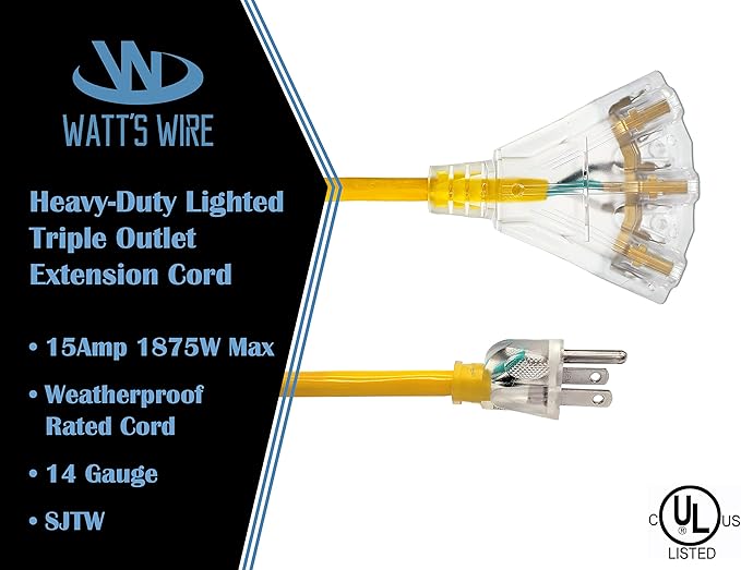25 ft Outdoor Extension Cord Waterproof - 14 Gauge Heavy Duty Extension Cord 25 ft - Lighted Outdoor Extension Cords with Multiple Outlets - Watts Wire - 25' Grounded - extensiones electricas