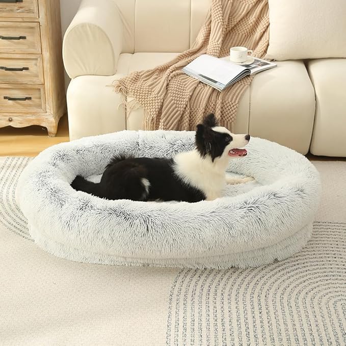 Glow Pups Calming Dog Bed, Egg Crate Dog Bed with Memory Foam Bolster, Luxurious Faux Fur Cozy Oval Design, Machine Washable Removable Cover, Non-Slip Base, Light Grey (23.6" x 19.6" x 7")