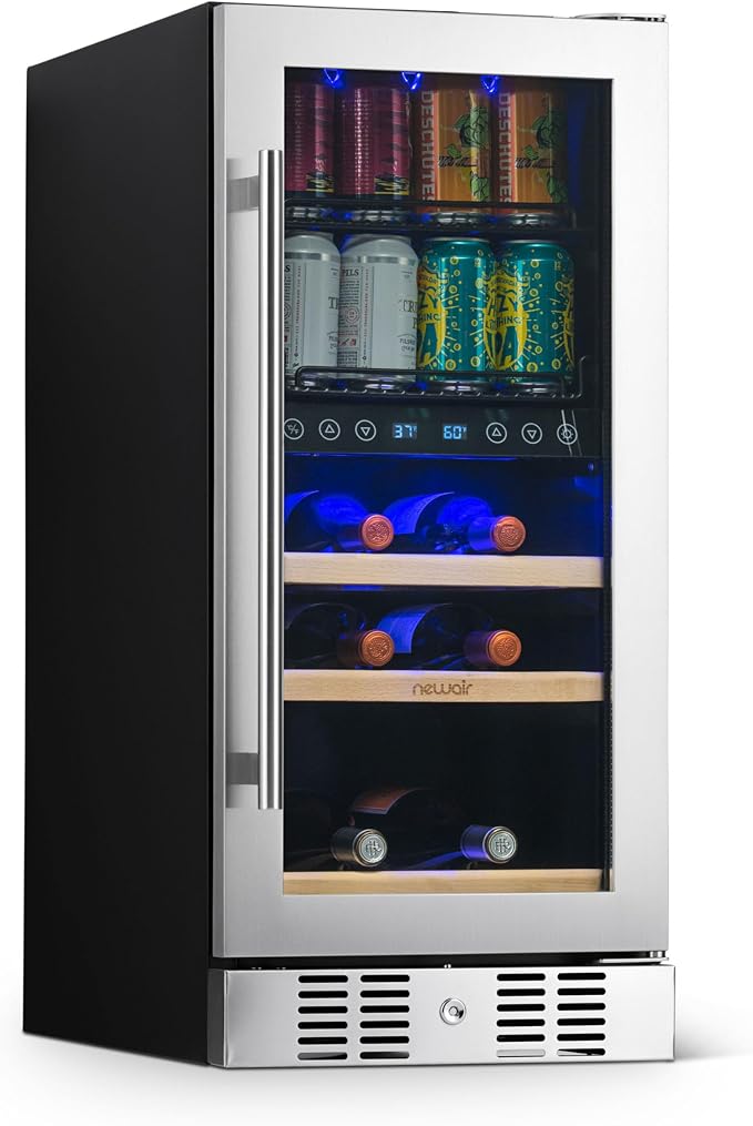 NewAir 15" Dual Zone Beverage Refrigerator & Wine Cooler for 9 Bottles & 48 Cans | Freestanding or Built-In Under Counter Mini Fridge for Beer, Wine and Soda | Stainless Steel