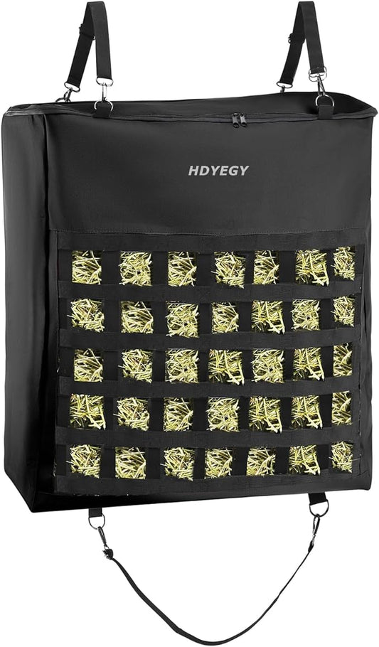 1Pcs Hay Bag for Horse,1200D Oxford Fabric Slow Feed Bags with Front Hay Nets Design and Heavy Duty Zipper Large Top Load Feeding Bag for Horses and Livestock,Black