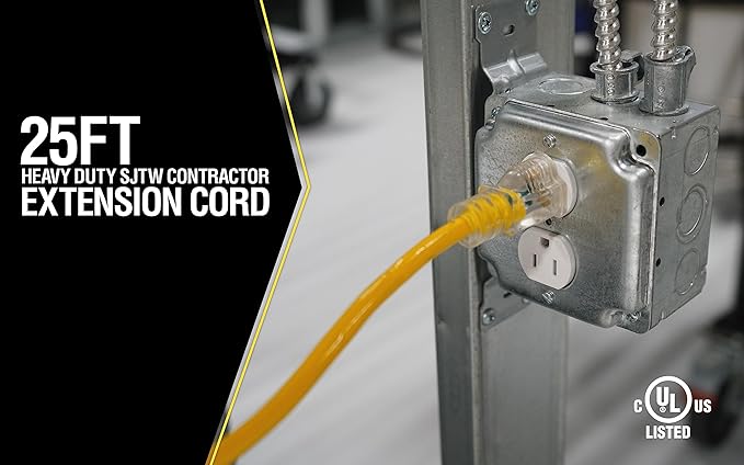 Yellow Jacket Heavy Duty Extension Cord, 25Ft, 12 Gauge, 3 Conductor, Lighted End, Weather Resistant, SJTW, Yellow, 2883 (Pack of 4)