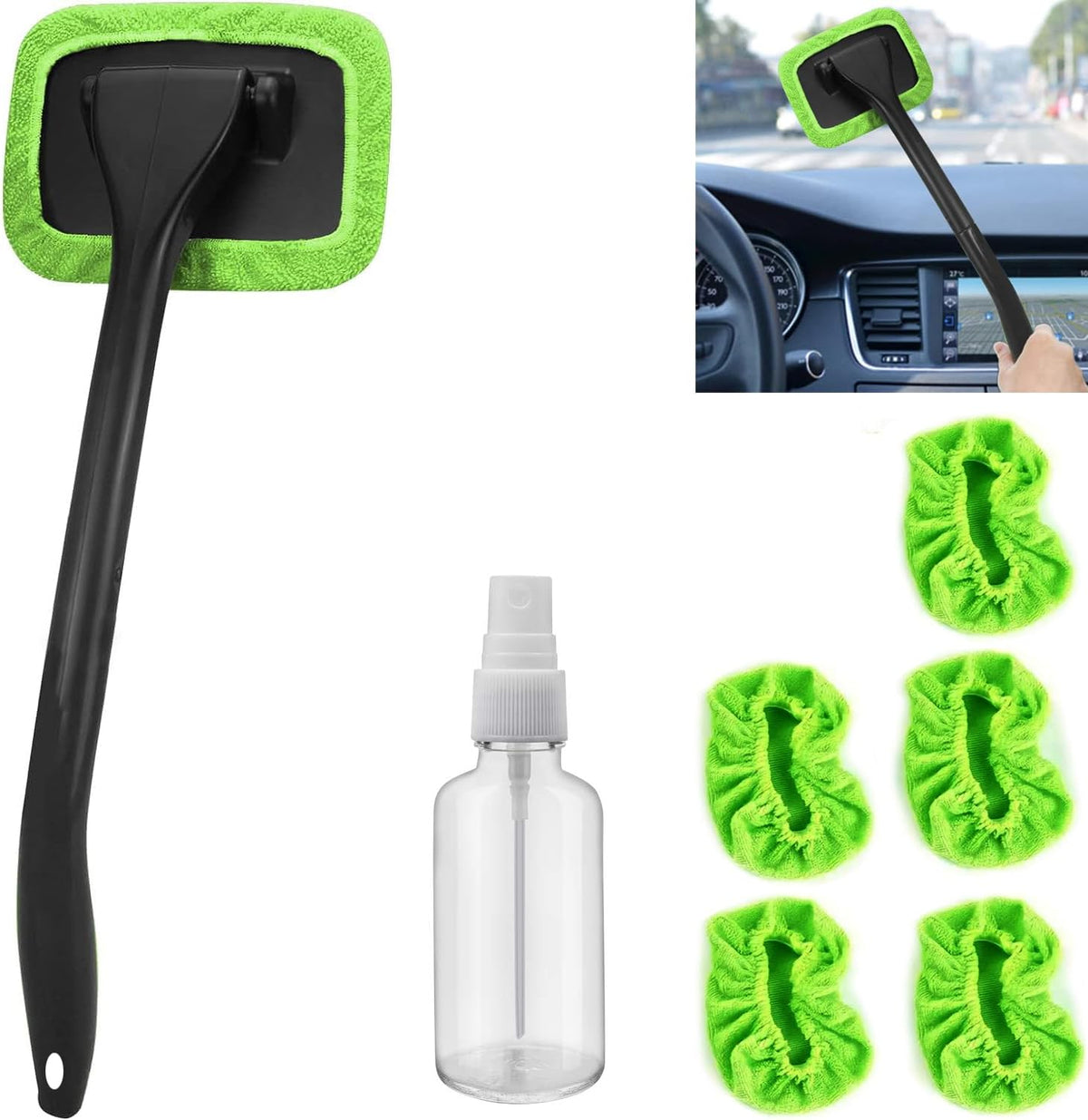 desin Car Windshield Cleaning Tool, Windshield Cleaner with 5 Washable and Reusable Microfiber Pads and Extendable Handle, for Auto Glass Wiper (Green)