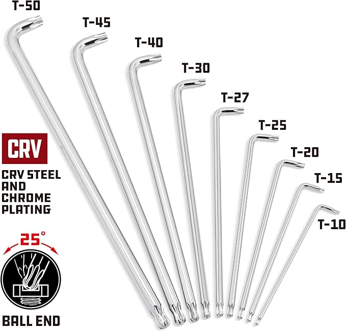 Powerbuilt 9 Piece Star Stubby Long Arm Ball End Hex Key Wrench Set, Allen Hex Key Wrench, Extra Long Arm, Ball End, size T10 to T50-240101