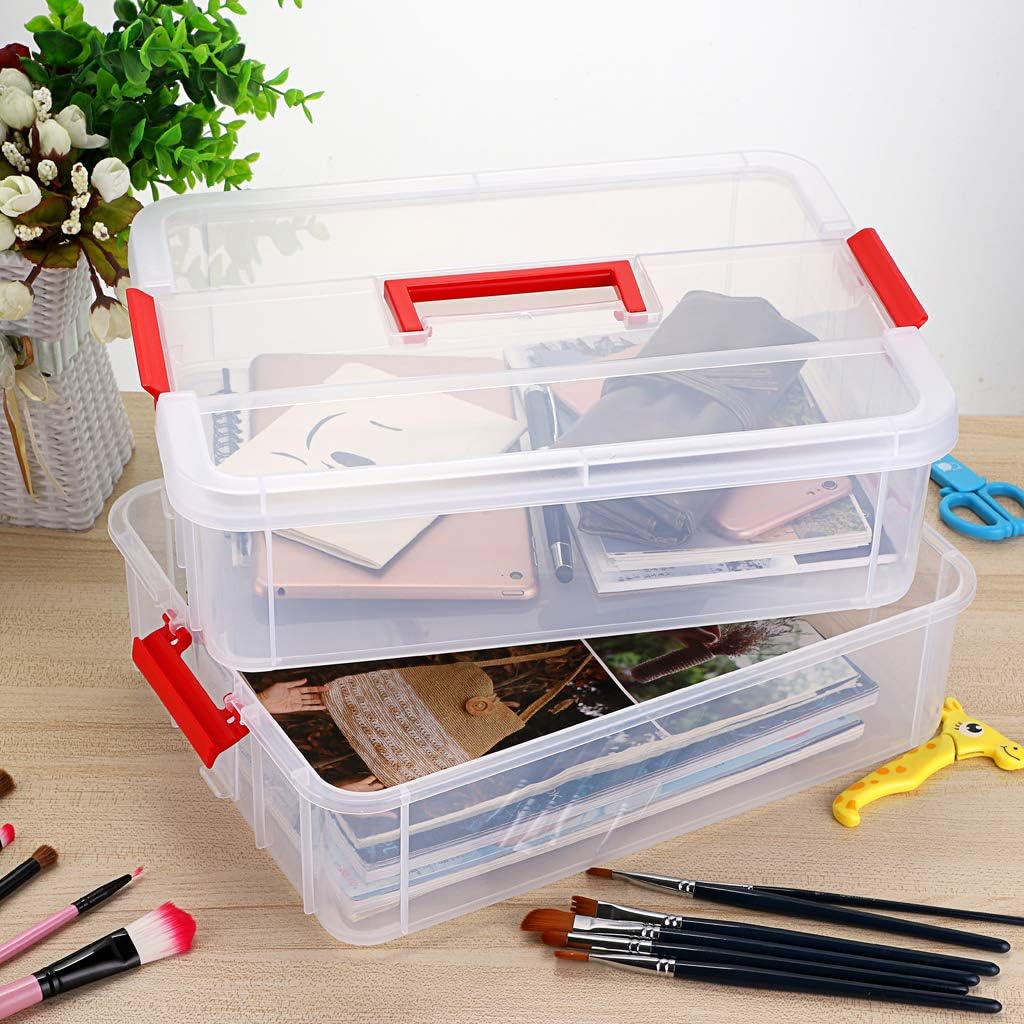 BTSKY 2 Layer Stack & Carry Box, Plastic Multipurpose Portable Storage Container Box Handled Organizer Storage Box for Organizing Stationery, Sewing, Art Craft, Jewelry and Beauty Supplies(Red)