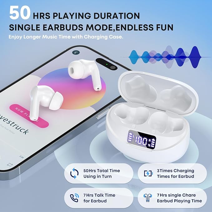 Wireless Earbuds Bluetooth 5.4 Headphones, Noise Cancelling Mic Ear Buds with 50H Playback, LED Digital Display, IPX7 Waterproof Earphones for Office/Running/Workout