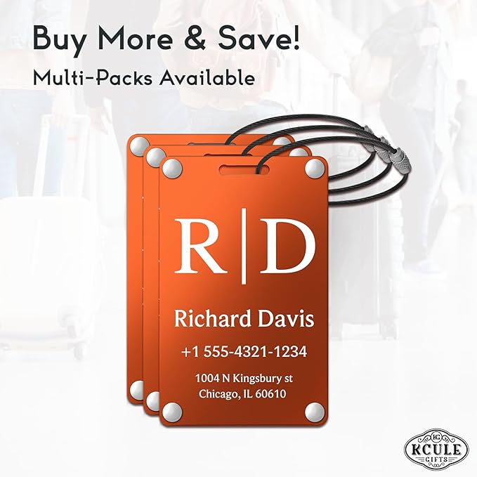 Personalized Luggage Tags for Suitcases - Monogram Style Aluminum Custom Luggage Tags for Backpacks & Bags, Sturdy, Waterproof & Heavy Duty (Orange/Card-Sized)