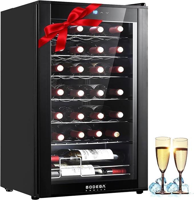 BODEGA COOLER 28 Bottle Wine Refrigerator, Fridge for Kitchen, Room, Office | 7 Shelves, Fast Cooling, Digital Temp Panel, Quiet ≤40dB Operation, Freestanding / Under Counter, UV-Protected Glass Door