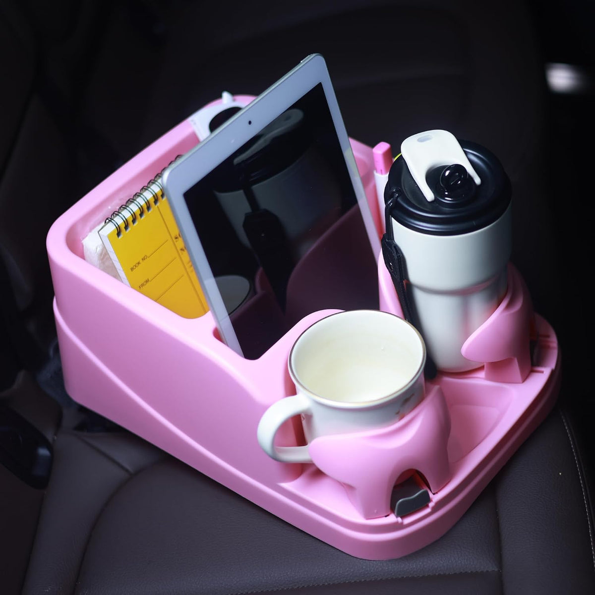 Car Console Organizer, Car Seat Organizer with 2 Adjustable Cup Holders, Center Console for Cars, Trucks, Minivans, SUVs, Vehicle Organizer, 3 Large Storage Compartment (Pink)