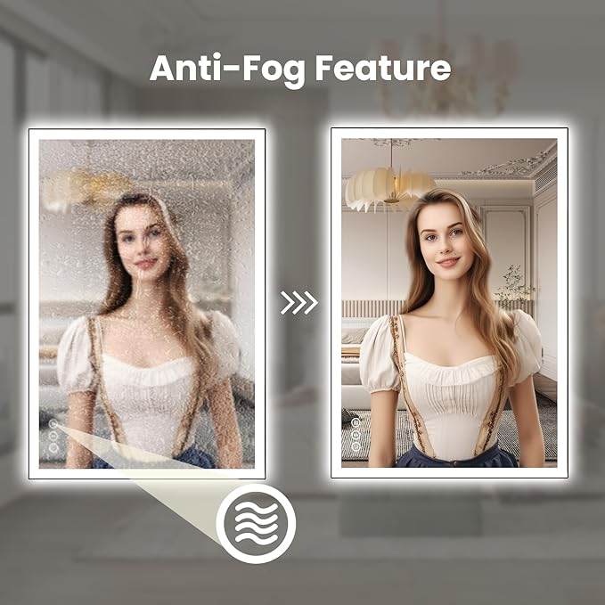 WTTY 20"X28" LED Bathroom Mirror with Black Frame, Bathroom Vanity Mirror with Lights for Wall, Front Light and Backlit, Anti-Fog, Dimmable, 3 Colors, Shatterproof, Memory, Horizontal/Vertical