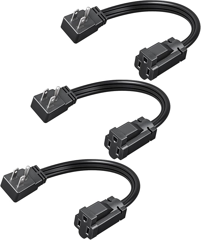 DEWENWILS 1 Ft Extension Cord with 3-Prong Flat Plug, 15A/1875W 14/3 SPT-3 Flat Wire, Space-Saving for Home Office Appliances & Electronics, ETL Certified, 3-Pack, Black