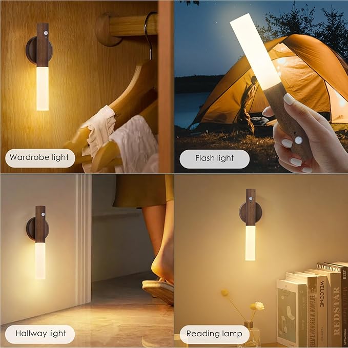 Montford Battery Operated Wall Sconces, Wooden Motion Sensor Night Light Rechargeable Wall Sconce, LED Magnetic Battery Powered Wall Sconce