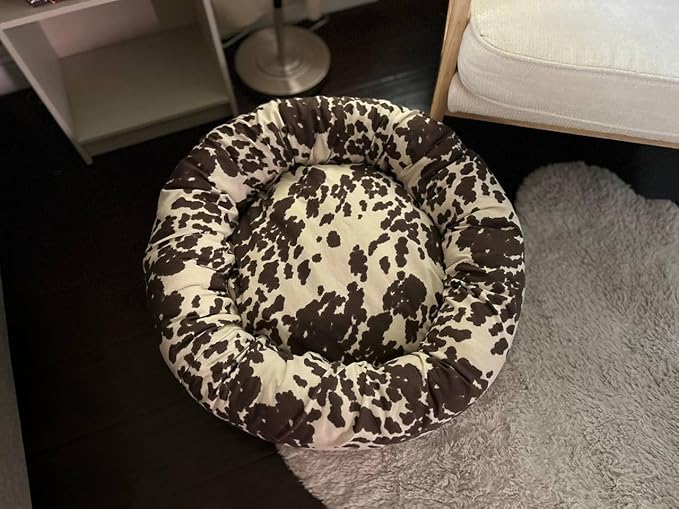 Organic Cotton Canvas Dog Bed: Removable Cover, Natural Fill - Made in USA (Cow Print Brown White, Small 24" x 7" inches)