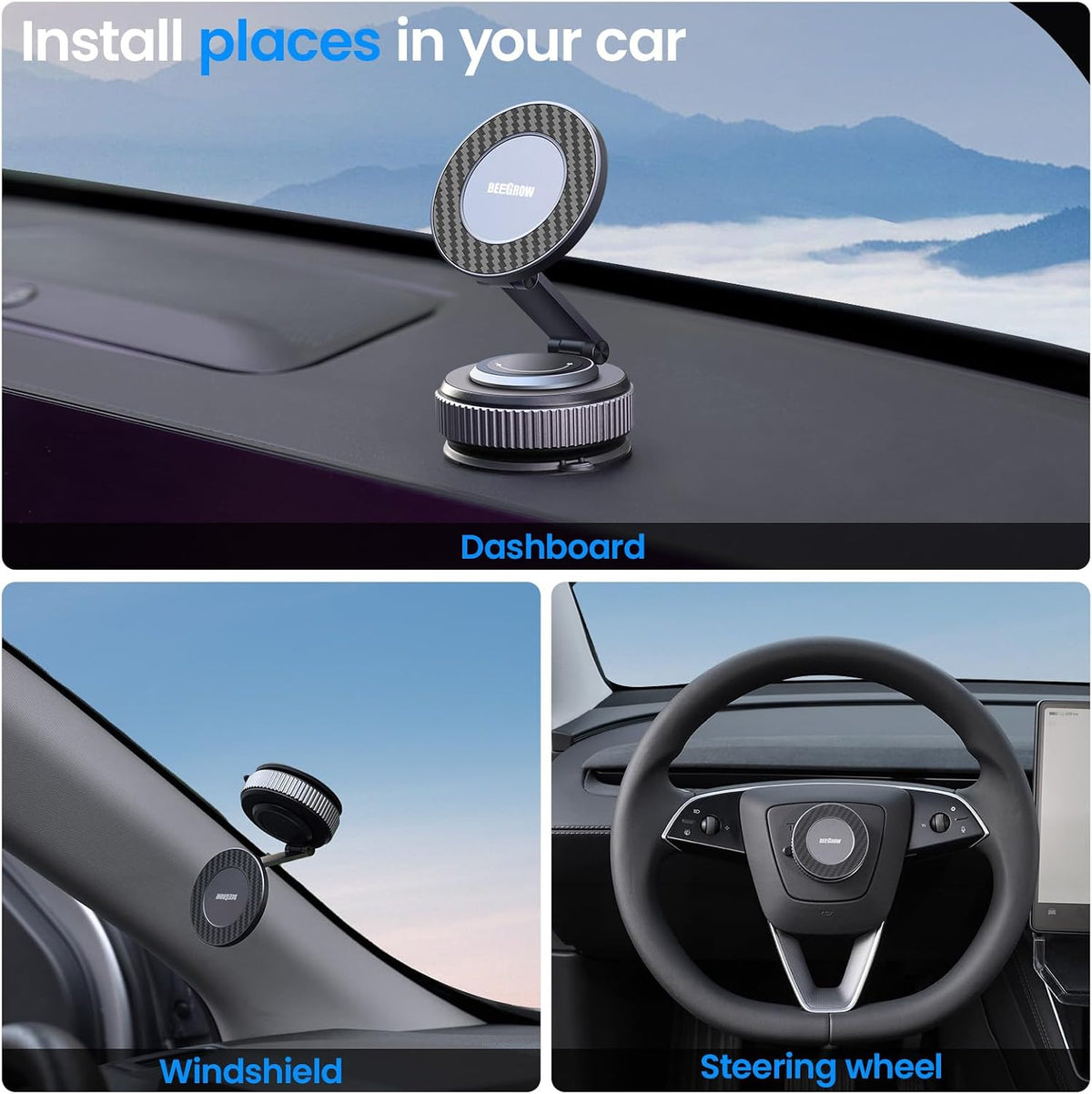 Magnetic Car Phone Holder for Magsafe, Alloy 360° Folding Cell Car Phone Mount with Ultra Stable Suction Cup and Reusable Gel, Dashboard Windshield Stand for iPhone 17-12 Android Pixel Samsung
