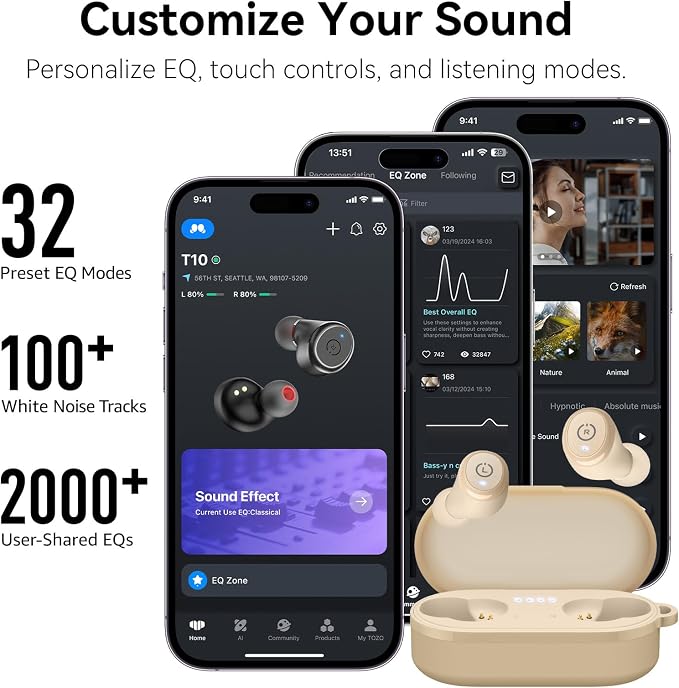 TOZO T10 Wireless Earbuds Powerful Bass Stereo Wireless Charging, APP, IPX8 | Waterproof, 55H Playtime, Ergonomic Design In Ear buds, App Customize EQ, Bluetooth 5.3 Headphones for Work, Travel, Khaki
