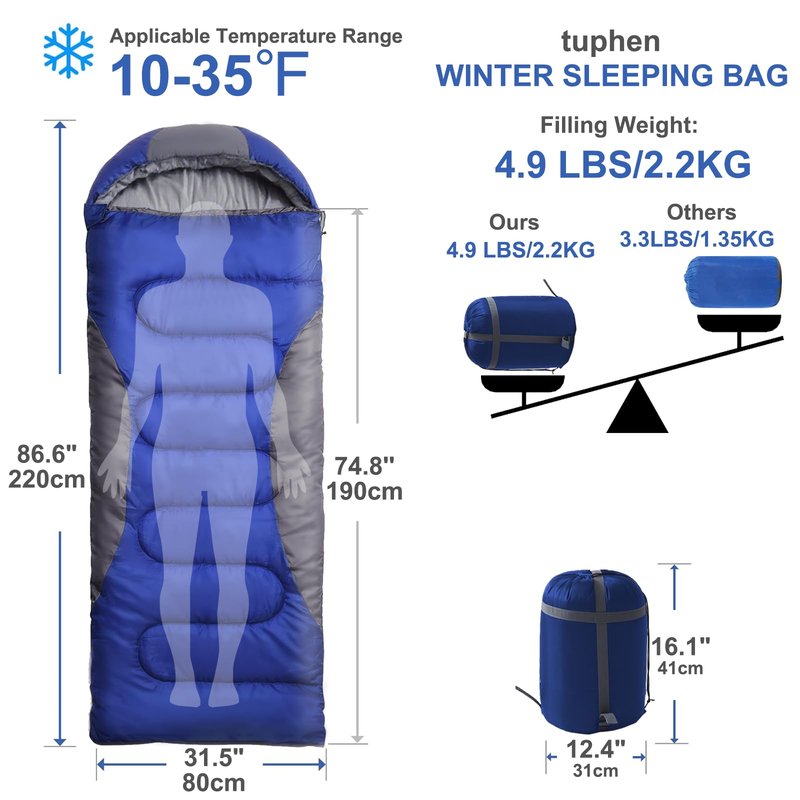 tuphen Cold Weather Sleeping Bag for Adults - 4.9 lbs 10/35°F Hooded Sleeping Bag with a Compression Sack, Warm Portable Windproof Waterproof 4 Seasons Camping Bag for Camping, Backpacking & Hiking