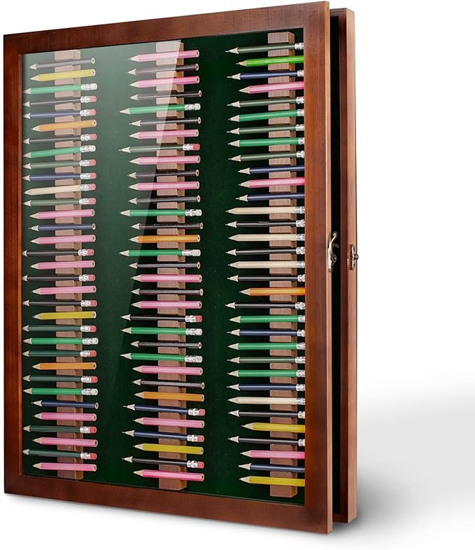 Golf Pencil Display Case Holds 99 Round or Octagonal Golf Pencils Wood Wall Mount Clear Display Case with Acrylic Dust UV Cover