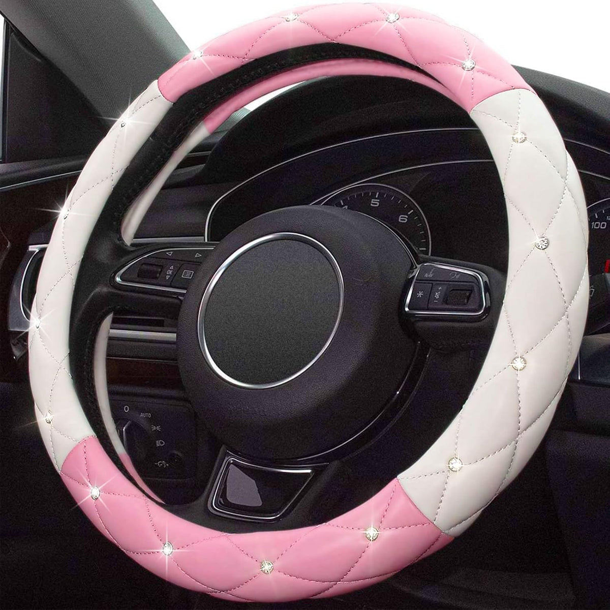 Diamond Leather Bling Steering Wheel Cover, Universal Car Steering Wheel Protector with Crystal Rhinestones Anti-Slip Soft Interior Accessories for Women and Girl Fit 15 inch -Black