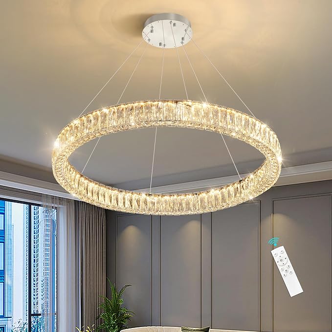 HAIXIANG Modern Crystal Chandelier Dimmable LED Ring Pendant Chandeliers Light