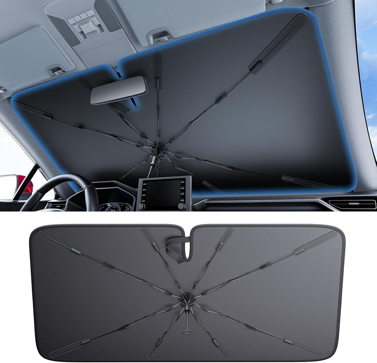 Wigoo Ice-Shield Car Windshield Sun Shade [100% Sun Block, 4th-Gen Cooling Tech] Reflective Heat Insulation, Portable Foldable Front Window Sunshade Umbrella for Sedans/SUVs - Universal Fit 56"x35"