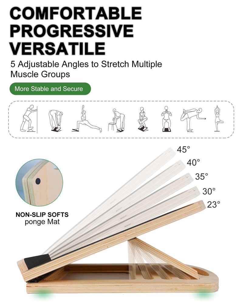 Slant Board for Calf Stretching, Adjustable Wooden Incline Board with Anti Slip Barrier, 300LB Capacity Portable Calf Stretcher for Physical Therapy, Squats, Ankle & Heel Support at Home/Gym